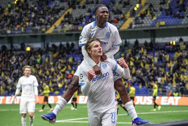 Club s Romeo Vermant celebrates after scoring during a soccer game between Kazakh FC Kairat Almaty and Belgian Club Brugge KV, Tuesday 20 January 2026 in Astana, Kazakhstan, on day seven of the League phase of the UEFA Champions League tournament. BRUNOxFAHY  x157281725x