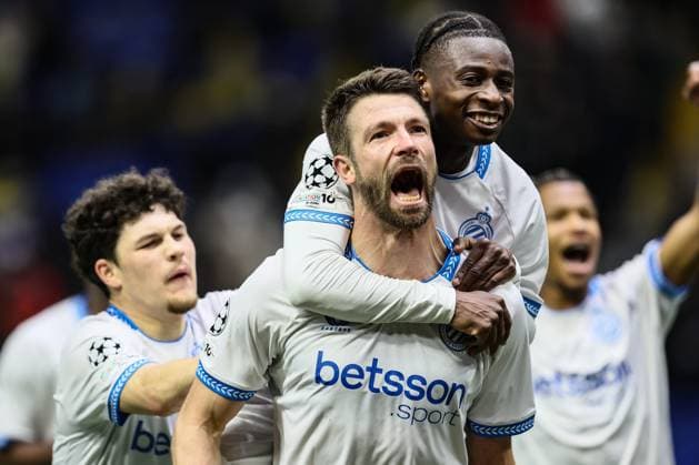 Club s Brandon Mechele celebrates after scoring during a soccer game between Kazakh FC Kairat Almaty and Belgian Club Brugge KV, Tuesday 20 January 2026 in Astana, Kazakhstan, on day seven of the League phase of the UEFA Champions League tournament. BRUNOxFAHY  x157283321x