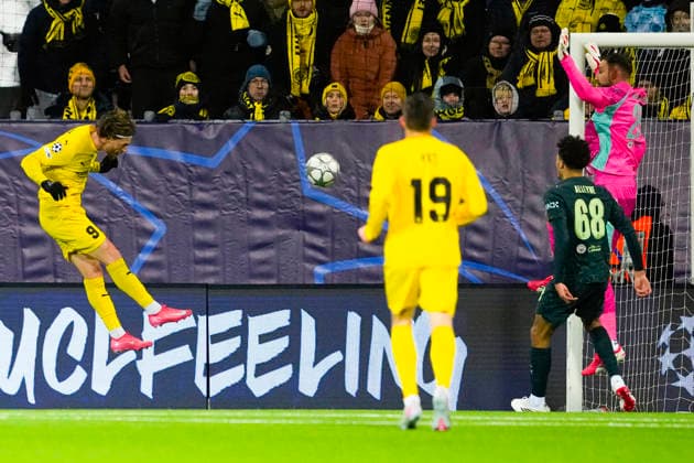 Football, Champions League 2025 2026 Bodo Glimt Manchester City Bodo 20260120 Bodo Glimts Kasper Hogh scores in the Champions League football match between Bodo Glimt and Manchester City at Aspmyra Stadium Photo Fredrik Varfjell NTB Bodo Norway EDITORIAL USE ONLY RESTRICTED USE FOR BETTING COMPANIES  Copyright: xFredrikxVarfjellx xNTBx