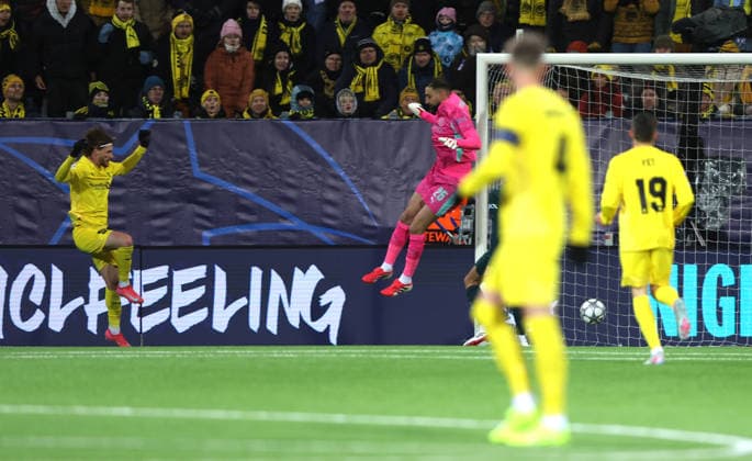 Kasper Hogh of Bodo Glimt scores a goal to make the score 1-0 Bodo Glimt v Manchester City, UEFA Champions League, Group Stage, Football, Aspmyra Stadion, Bodo, Norway - 20 Jan 2026Bodo Aspmyra Stadion Norway EDITORIAL USE ONLY No use with unauthorised audio, video, data, fixture lists, club league logos or live services. Online in-match use limited to 120 images, no video emulation. No use in betting, games or single club league player publications. Copyright: xKieranxMcManus Shutterstockx 16348328ag