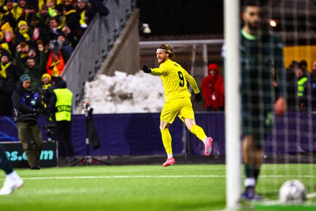 Football, Champions League 2025 2026 Bodo Glimt Manchester City Bodo 20260120 Bodo Glimts Kasper Hogh scores in the Champions League football match between Bodo Glimt and Manchester City at Aspmyra Stadium Photo Mats Torbergsen NTB Bodo Norway EDITORIAL USE ONLY RESTRICTED USE FOR BETTING COMPANIES  Copyright: xMatsxTorbergsenx xNTBx
