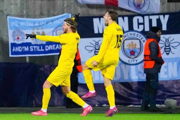 Football, Champions League 2025 2026 Bodo Glimt Manchester City Bodo 20260120 Bodo Glimts Kasper Hogh scores in the Champions League football match between Bodo Glimt and Manchester City at Aspmyra Stadium Photo Fredrik Varfjell NTB Bodo Norway EDITORIAL USE ONLY RESTRICTED USE FOR BETTING COMPANIES  Copyright: xFredrikxVarfjellx xNTBx