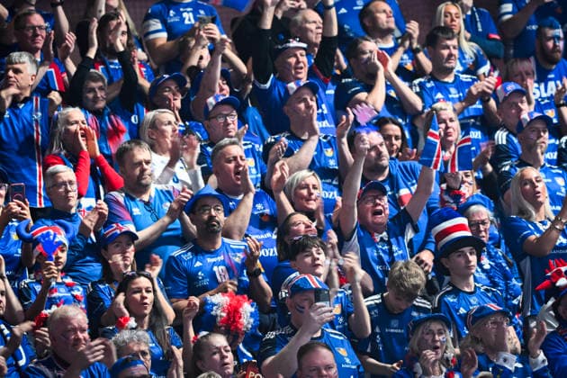 Icelandic supporters before the 2026 EHF European Men s Handball Championship (the EHF Euro 2026) match between Hungary and Iceland at Kristianstad Arena, in Kristianstad, Sweden, on January 20, 2026. KRISTIANSTAD SWEDEN x50090x