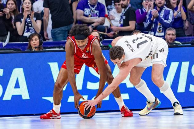 20th January 2026; Movistar Arena; Madrid, Spain; Turkish Airlines Euroleague Basketball; Spain, Real Madrid vs EA7 Emporio Armani Milan; Leday (Milan) and Mario Hezonja (Real Madrid) Euroleague Basketball Real Madrid vs Olimpia Milano 900 Cordon Press  900 CordonxPress LOF - Euroleague Basketball Real Madrid vs Olimpia Milano