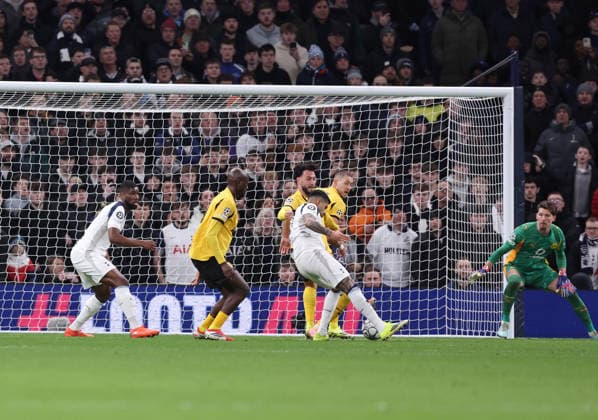 London, England, 20th January 2026. Cristian Romero of Tottenham scores the first goal during the Tottenham Hotspur vs Borussia Dortmund UEFA Champions League match at the Tottenham Hotspur Stadium, London. Picture credit should read: David Klein Sportimage EDITORIAL USE ONLY. No use with unauthorised audio, video, data, fixture lists, club league logos or live services. Online in-match use limited to 120 images, no video emulation. No use in betting, games or single club league player publications. SPI_042_DK_Spurs_Dortmund SPI-4464-0042