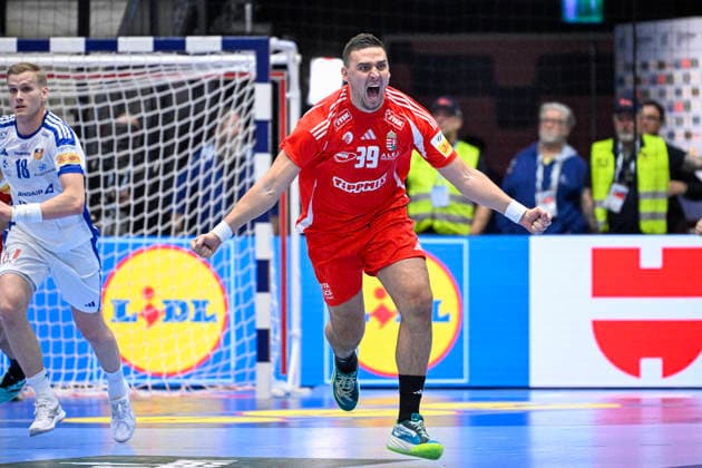 Hungary s Richard Bodo celebrates after scoring during the 2026 EHF European Men s Handball Championship (the EHF Euro 2026) match between Hungary and Iceland at Kristianstad Arena, in Kristianstad, Sweden, on January 20, 2026. KRISTIANSTAD SWEDEN x50090x