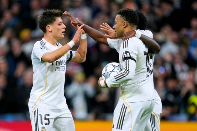 ESP: Real Madrid v AS Monaco. UEFA Champions League. Matchday 7 Kylian Mbappe of Real Madrid CF celebrates with his teammates after scoring the 2-0 during the UEFA Champions League match, between Real Madrid and AS Monaco, Matchday 7, played at Santiago Bernabeu Stadium on January 20, 2026 in Madrid, Spain. kpng Copyright: xCesarxCebollax xPRESSINx PS_260120_RMA_MON_2526_023
