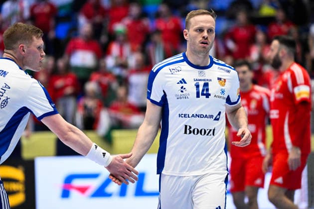 KRISTIANSTAD, SVERIGE 20260120 Iceland s Ãmir Örn Gislason and Omar Ingi Magnusson celebrates during the 2026 EHF European Men s Handball Championship (the EHF Euro 2026) match between Hungary and Iceland at Kristianstad Arena, in Kristianstad, Sweden, on January 20, 2026. KRISTIANSTAD SVERIGE x50090x