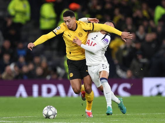 London, England, 20th January 2026. Jobe Bellingham of Borussia Dortmund tussles with Pedro Porro of Tottenham during the Tottenham Hotspur vs Borussia Dortmund UEFA Champions League match at the Tottenham Hotspur Stadium, London. Picture credit should read: David Klein Sportimage EDITORIAL USE ONLY. No use with unauthorised audio, video, data, fixture lists, club league logos or live services. Online in-match use limited to 120 images, no video emulation. No use in betting, games or single club league player publications. SPI_072_DK_Spurs_Dortmund SPI-4464-0073