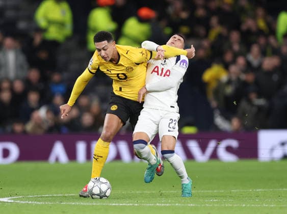 London, England, 20th January 2026. Jobe Bellingham of Borussia Dortmund tussles with Pedro Porro of Tottenham during the Tottenham Hotspur vs Borussia Dortmund UEFA Champions League match at the Tottenham Hotspur Stadium, London. Picture credit should read: David Klein Sportimage EDITORIAL USE ONLY. No use with unauthorised audio, video, data, fixture lists, club league logos or live services. Online in-match use limited to 120 images, no video emulation. No use in betting, games or single club league player publications. SPI_076_DK_Spurs_Dortmund SPI-4464-0076
