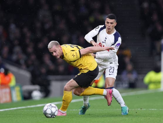 London, England, 20th January 2026. Julian Ryerson of Borussia Dortmund (l) and Pedro Porro of Tottenham (r) during the Tottenham Hotspur vs Borussia Dortmund UEFA Champions League match at the Tottenham Hotspur Stadium, London. Picture credit should read: David Klein Sportimage EDITORIAL USE ONLY. No use with unauthorised audio, video, data, fixture lists, club league logos or live services. Online in-match use limited to 120 images, no video emulation. No use in betting, games or single club league player publications. SPI_082_DK_Spurs_Dortmund SPI-4464-0078