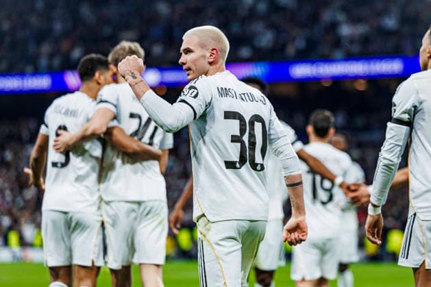 Real Madrid CF vs AS Monaco FC - UEFA Champions League - 20 01 2026 Franco Mastantuono of Real Madrid CF celebrates his goal during the UEFA Champions League match between Real Madrid CF and AS Monaco FC at Santiago Bernabeu Stadium on January 20, 2026 in Madrid, Spain. Madrid Spain Copyright: xMarinaxFrutos PGSxPhotoxAgencyx
