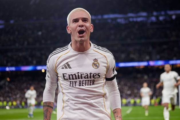 Franco Mastantuono of Real Madrid CF celebrates after scoring a goal Real Madrid v AS Monaco, UEFA Champions League, Group Stage, Football, Estadio Bernabeu, Madrid, Spain - 20 Jan 2026Madrid Estadio Bernabeu Spain EDITORIAL USE ONLY No use with unauthorised audio, video, data, fixture lists, club league logos or live services. Online in-match use limited to 120 images, no video emulation. No use in betting, games or single club league player publications. Copyright: xRubenxAlbarran Shutterstockx 16374322bv