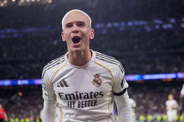 Franco Mastantuono of Real Madrid CF celebrates after scoring a goal Real Madrid v AS Monaco, UEFA Champions League, Group Stage, Football, Estadio Bernabeu, Madrid, Spain - 20 Jan 2026Madrid Estadio Bernabeu Spain EDITORIAL USE ONLY No use with unauthorised audio, video, data, fixture lists, club league logos or live services. Online in-match use limited to 120 images, no video emulation. No use in betting, games or single club league player publications. Copyright: xRubenxAlbarran Shutterstockx 16374322bz