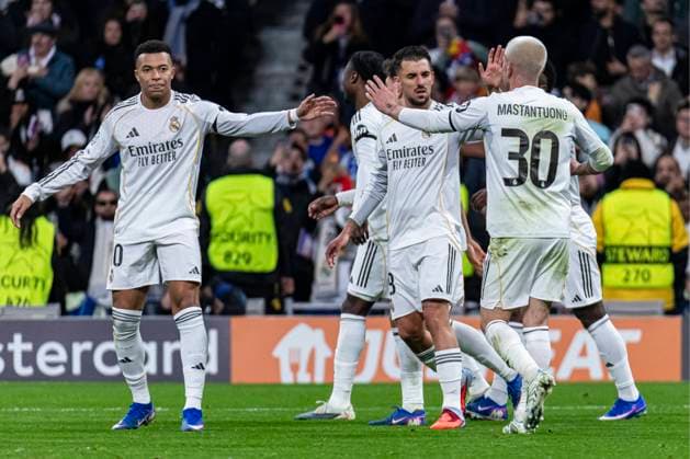 UEFA Champions League soccer match Real Madrid vs Monaco at Santiago Bernabeu stadium in Madrid, Spain. 20 January 2026 Real Madrid players celebrates a goal of Mastantuono 900 Cordon Press  900 CordonxPress LOF - Champions League Real Madrid vs Monaco