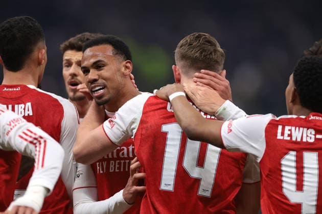 Milan, Italy, 20th January 2026. Viktor Gyokeres of Arsenal FC celebrates with team mate Gabriel after scoring to give the side a 3-1 lead during the Internazionale vs Arsenal UEFA Champions League match at Giuseppe Meazza, Milan. Picture credit should read: Jonathan Moscrop Sportimage EDITORIAL USE ONLY. No use with unauthorised audio, video, data, fixture lists, club league logos or live services. Online in-match use limited to 120 images, no video emulation. No use in betting, games or single club league player publications. SPI_056_JM_INTER_ARSENAL_UCL SPI-4421-0056