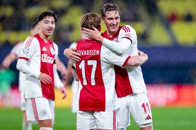 VILLARREAL , 20- 01-2026 , Estadio de la Ceramica, Season 2025 2026, UEFA Champions League match between Villarreal and Ajax. Picture shows Ajax player Oliver Edvardsen scores the 1-2 and celebrates Villarreal - Ajax  x200957677x Copyright: