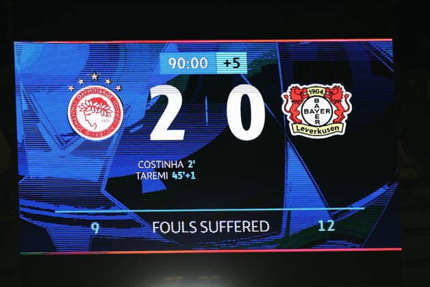 UEFA Champions League, Olympiacos FC vs Bayer 04 Leverkusen - The matrix with the final score of the UEFA Champions League league phase matchday 7 soccer match betweenOlympiacos and Leverkusen held at Georgios Karaiskakis Stadium in Piraeus, Greece, 20 January 2025. IMAGO ONE INCH PRODUCTIONS PIRAEUS Greece Copyright: xOnexInchxProductionsx 6819492