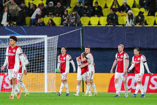 January 20, 2026, Villarreal, Castellon, SPAIN: Oliver Edvardsen of Ajax de Amsterdam celebrates a goal with teammates during the UEFA Champions League, football match played between Villarreal CF and Ajax at the Ceramica Stadium on January 20, 2025, in Valencia, Spain. Villarreal SPAIN - ZUMAa181 20260120_zaa_a181_370 Copyright: xIvanxTerronx