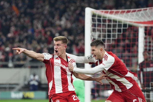 UEFA Champions League, Olympiacos FC vs Bayer 04 Leverkusen - Costinha of Olympiacos celebrate after scoring the 1-0 during the UEFA Champions League league phase matchday 7 soccer match betweenOlympiacos and Leverkusen held at Georgios Karaiskakis Stadium in Piraeus, Greece, 20 January 2025. IMAGO ONE INCH PRODUCTIONS Î‘Î˜Î—ÎÎ‘ Greece Copyright: xOnexInchxProductionsx 6819104