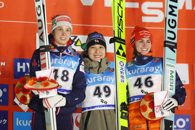 (L-R) Lisa Eder (AUT), Nozomi Maruyama (JPN), Selina Freitag (GER), JANUARY 20, 2026 - Ski jumping, Skispringen, Ski, nordisch : FIS Ski Jumping World Cup Women s Individual Normal Hill 1st Game Award Ceremony at Aliontek Zao Schanze, Yamagata, Japan. Noxthirdxpartyxsales  aflo_316774675