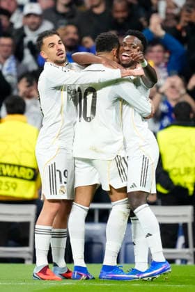 Real Madrid C.F. v AS Monaco - UEFA Champions League 2025 26 League Phase MD7 Vinicius Junior, Kylian Mbappe and Dani Ceballos celebrate Real Madrid fourth goal during the UEFA Champions League 2025 26 League Phase MD7 match between Real Madrid C.F. and AS Monaco at Estadio Santiago Bernabeu on January 20, 2026 in Madrid, Spain. Madrid Spain  Copyright: xJosexBretonx originalFilename:bretonhernandez-realmadr260120_npLXK.jpg