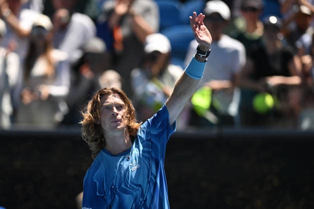 TENNIS AUSTRALIAN OPEN, Andrey Rublev of Russia celebrates match point during his match against Jaime Faria of Portugal on day 4 of the 2026 Australian Open tennis tournament at Melbourne Park in Melbourne, Wednesday, January 21, 2026. ( NO ARCHIVING MELBOURNE VICTORIA AUSTRALIA  Copyright: xLUKASxCOCHx 20260121173513582510