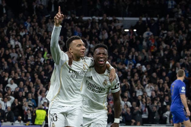 Real Madrid Vs AS Monaco in Madrid, Spain - 20 Jan 2026 Vinicius Jr. (r) and Kylian Mbappé (L) of Real Madrid celebrate a goal during the UEFA Champions League match between Real Madrid and AS Monaco played at the Santiago Bernabéu Stadium. Final score: Real Madrid 6:1 AS Monaco. Madrid Spain Copyright: xDavidxCanalesx xSOPAxImagesx DCuvclRealMadridMonaco260120-40