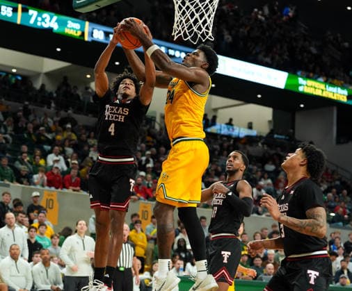 January 20, 2026, Waco, Texas, USA: Texas Tech guard CHRISTIAN ANDERSON (4) works against Baylor guard TOUNDE YESSOUFOU (24) during a college basketball game between the Baylor Bears and the Texas Tech Red Raiders on January 20, 2026 in Waco, Texas. Texas Tech won, 92-73. Waco USA - ZUMAc201 20260120_zap_c201_069 Copyright: xScottxColemanx
