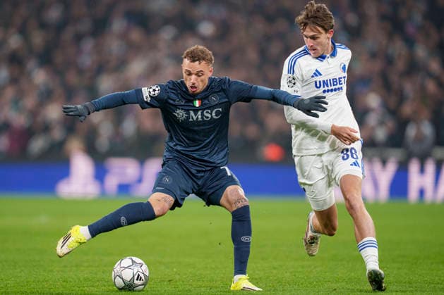 DENMARK: Champions League: FC Copenhagen - S.S.C. Napoli DENMARK: Champions League: FC Copenhagen - S.S.C. Napoli SSC Napoli s Noa Lang and FCK s William Clem during the Champions League match between FC Copenhagen and S.S.C. Napoli at Parken in Copenhagen on Tuesday, January 20, 2026. Photo: Liselotte Sabroe Ritzau Scanpix , Copenhagen Denmark