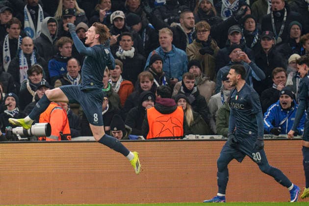 DENMARK: Champions League: FC Copenhagen - S.S.C. Napoli DENMARK: Champions League: FC Copenhagen - S.S.C. Napoli SSC Napoli s Scott McTominay scores to make it 0-1 during the Champions League match between FC Copenhagen and S.S.C. Napoli at Parken in Copenhagen on Tuesday, January 20, 2025. Photo: Liselotte Sabroe Ritzau Scanpix , Copenhagen Denmark