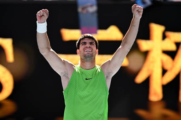 TENNIS AUSTRALIAN OPEN, Carlos Alcaraz of Spain celebrates match point during the Mens 2nd round match against Yannick Hanfmann of Germany on day 4 of the 2026 Australian Open tennis tournament at Melbourne Park in Melbourne, Wednesday, January 21, 2026. ( NO ARCHIVING MELBOURNE VICTORIA AUSTRALIA  Copyright: xJAMESxROSSx 20260121165950482197
