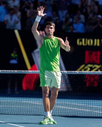 January 21, 2026: 1st seed CARLOS ALCARAZ of Spain after defeating YANNICK HANFMANN of Germany on Rod Laver Arena in a Men s Singles 2nd round match on day 4 of the 2026 Australian Open in Melbourne, Australia. ALCARAZ won 76 63 62. Cal Media Melbourne Australia - ZUMAc04_ 20260121_faf_c04_014 Copyright: xSydneyxLowx