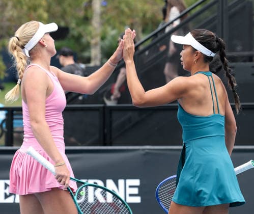 (260121) -- MELBOURNE, Jan. 21, 2026 -- Taylah Preston(L) Lizette Cabrera of Australia react during the women s doubles 1st round match against Wang Xinyu Zheng Saisai of China at the Australian Open tennis tournament in Melbourne, Australia, Jan. 21, 2026. ) (SP)AUSTRALIA-MELBOURNE-TENNIS-AUSTRALIAN OPEN-WOMEN S DOUBLES-DAY 4 MaxPing 