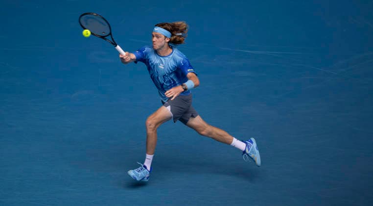 (260121) -- MELBOURNE, Jan. 21, 2026 -- Andrey Rublev of Russia hits a return during the men s singles 2nd round match against Jaime Faria of Portugal at the Australian Open tennis tournament in Melbourne, Australia, Jan. 21, 2026 (Photo by Xinhua) (SP)AUSTRALIA-MELBOURNE-TENNIS-AUSTRALIAN OPEN-MEN S SINGLES-DAY 4 HuxJingchen 