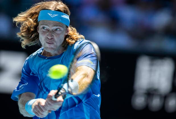 (260121) -- MELBOURNE, Jan. 21, 2026 -- Andrey Rublev of Russia hits a return during the men s singles 2nd round match against Jaime Faria of Portugal at the Australian Open tennis tournament in Melbourne, Australia, Jan. 21, 2026 (Photo by Xinhua) (SP)AUSTRALIA-MELBOURNE-TENNIS-AUSTRALIAN OPEN-MEN S SINGLES-DAY 4 HuxJingchen 