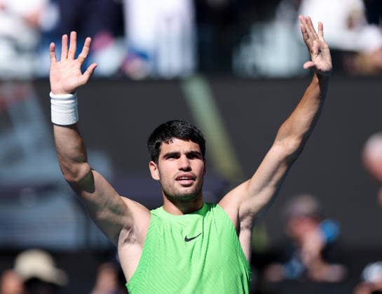 (260121) -- MELBOURNE, Jan. 21, 2026 -- Carlos Alcaraz of Spain celebrates after winning the men s singles 2nd round match against Yannick Hanfmann of Germany at the Australian Open tennis tournament in Melbourne, Australia, Jan. 21, 2026. ) (SP)AUSTRALIA-MELBOURNE-TENNIS-AUSTRALIAN OPEN-MEN S SINGLES-DAY 4 MaxPing 
