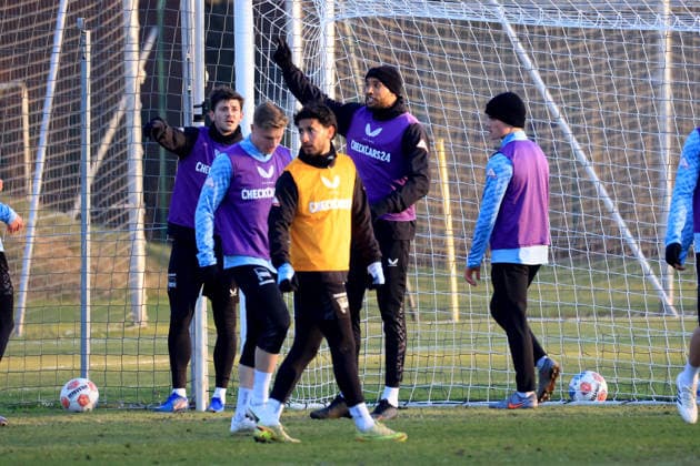 DEU, DFL, 2. FBL Hertha BSC, Training, 21.01.2026, Sportforum, Berlin, DEU, DFL, 2. FBL Hertha BSC, Training, im Bild John Anthony Brooks (Hertha BSC Berlin 25), Dawid Kownacki (Hertha BSC Berlin 9), Kevin Sessa (Hertha BSC Berlin 8), Julian Eitschberger (Hertha BSC Berlin 2) DFL - regulations prohibit any use of Photographs as image sequences and or quasi-video