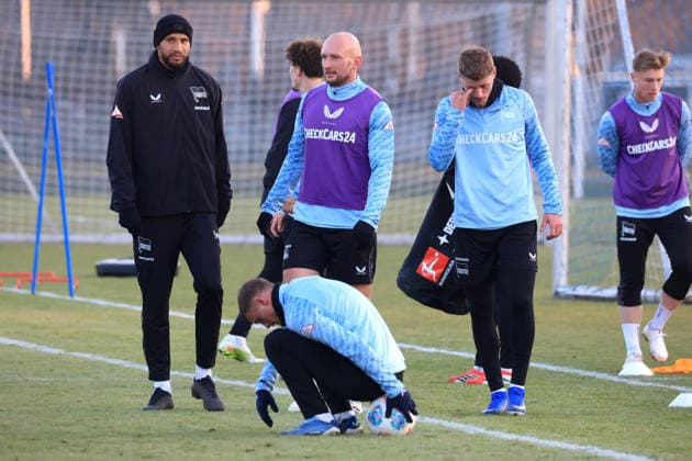 DEU, DFL, 2. FBL Hertha BSC, Training, 21.01.2026, Sportforum, Berlin, DEU, DFL, 2. FBL Hertha BSC, Training, im Bild Hertha-Spielerkreis, John Anthony Brooks (Hertha BSC Berlin 25), Toni Leistner (Hertha BSC Berlin 37), Marton Dardai (Hertha BSC Berlin 31), Michael Cuisance (Hertha BSC Berlin 10) DFL - regulations prohibit any use of Photographs as image sequences and or quasi-video