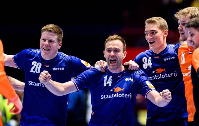 260121 Niels Gerardus Versteijnen, Bobby Schagen and Tom Jansen of the Netherlands celebrates during the EHF European Handball Championship preliminary round match between the Netherlands and Georgia on January 21, 2026 in Malmö. Photo: Petter Arvidson BILDBYRAN kod PA PA1129 handball handboll handball handbolls-em 2026 nederländerna netherlands georgien ehf european handball championship georgia bbeng jubel celebrates Copyright: PETTERxARVIDSON BB260121PA126