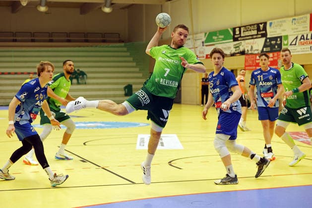 21.01.2026, xovx, Handball Testspiel Handball Bundesliga, HSG Wetzlar - TV Großwallstadt v.l. Ben Connar Battermann (TV Großwallstadt), Philipp Ahouansou (HSG Wetzlar), Dominik Mappes (HSG Wetzlar), Axel Skaarnaes (TV Großwallstadt), Ole Klimpke (TV Großwallstadt), Nikola Grahovac (HSG Wetzlar) Wetzlar-Dutenhofen Sporthalle Dutenhofen Hessen Deutschland (DE)