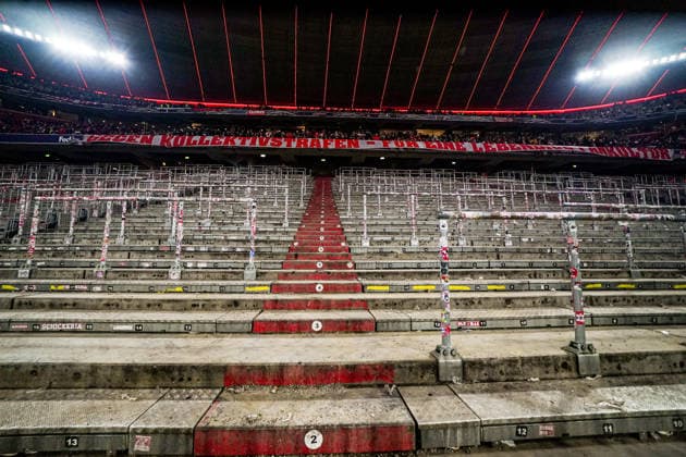2026-01-21 FC Bayern München v R. Union Saint-Gilloise - UEFA Champions League 2025 26 League Phase MD7 MUNICH, GERMANY - JANUARY 21: southstands in the Football Arena Munich closed off due to UEFA punishments after fireworks were used in previous matches during the UEFA Champions League 2025 26 League Phase MD7 match between FC Bayern München and R. Union Saint-Gilloise at Football Arena Munich on January 21, 2026 in Munich, Germany. Munich Football Arena Munich Germany Content not available for redistribution in The Netherlands directly or indirectly through any third parties. Copyright: xAndrexWeeningx