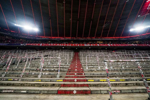 2026-01-21 FC Bayern München v R. Union Saint-Gilloise - UEFA Champions League 2025 26 League Phase MD7 MUNICH, GERMANY - JANUARY 21: southstands in the Football Arena Munich closed off due to UEFA punishments after fireworks were used in previous matches during the UEFA Champions League 2025 26 League Phase MD7 match between FC Bayern München and R. Union Saint-Gilloise at Football Arena Munich on January 21, 2026 in Munich, Germany. Munich Football Arena Munich Germany Content not available for redistribution in The Netherlands directly or indirectly through any third parties. Copyright: xAndrexWeeningx