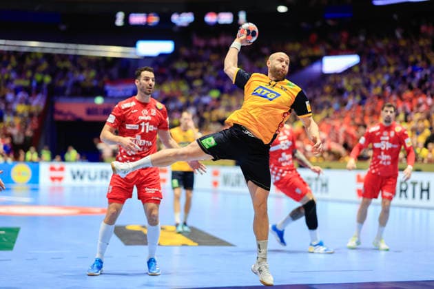 MALMÖ, SVERIGE 20260121 Sveriges Oscar Bergendahl laddar för ett skott under gruppspelsmatchen i handbolls-EM grupp E mellan Sverige och Kroatien i Malmö Arena, Malmö, Sverige, 21 januari, 2026. MALMÖ SVERIGE x10600x
