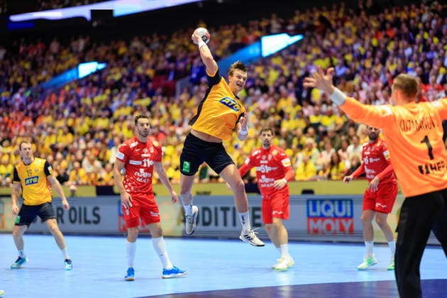 MALMÖ, SWEDEN 20260121 Sweden s Jonathan Carlsbogard charges for a shot during the group stage match of the European Handball Championship Group E between Sweden and Croatia at Malmö Arena, Malmö, Sweden, January 21, 2026. MALMÖ SWEDEN x10600x