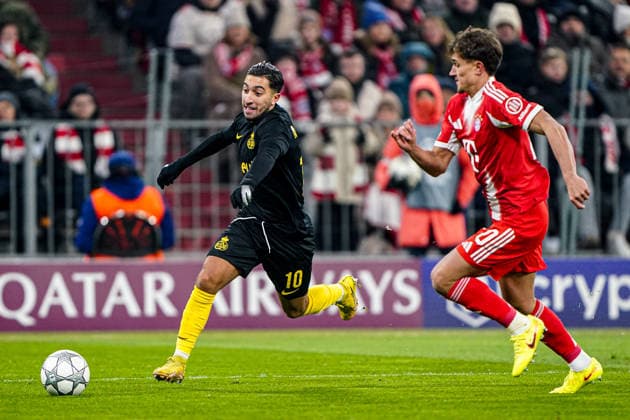 2026-01-21 FC Bayern München v R. Union Saint-Gilloise - UEFA Champions League 2025 26 League Phase MD7 MUNICH, GERMANY - JANUARY 21: Anouar Ait El Hadj of R. Union Saint-Gilloise, Tom Bischof of FC Bayern M++nchen battle for the ball during the UEFA Champions League 2025 26 League Phase MD7 match between FC Bayern M++nchen and R. Union Saint-Gilloise at Football Arena Munich on January 21, 2026 in Munich, Germany. Munich Football Arena Munich Germany Content not available for redistribution in The Netherlands directly or indirectly through any third parties. Copyright: xAndrexWeeningx