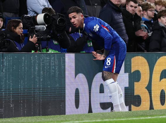 London, England, 21st January 2026. Enzo Fernandez of Chelsea reacts after having a goal disallowed during the Chelsea vs Pafos FC UEFA Champions League match at Stamford Bridge, London. Picture credit should read: David Klein Sportimage EDITORIAL USE ONLY. No use with unauthorised audio, video, data, fixture lists, club league logos or live services. Online in-match use limited to 120 images, no video emulation. No use in betting, games or single club league player publications. SPI_015_DK_CHELSEA_PAFOS SPI-4466-0015