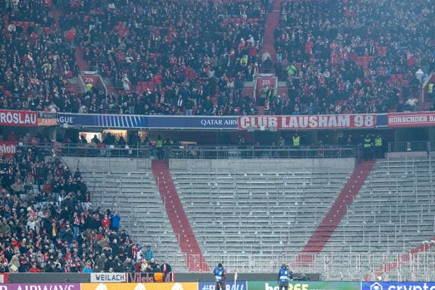 Leere Suedkurve, FC Bayern Muenchen vs. Royale Union Saint Gilloise, Fussball, UEFA Champions League, 7. Spieltag, 21.01.2026 DFB regulations prohibit any use of photographs as image sequences and or quasi-video Muenchen Bayern Deutschland