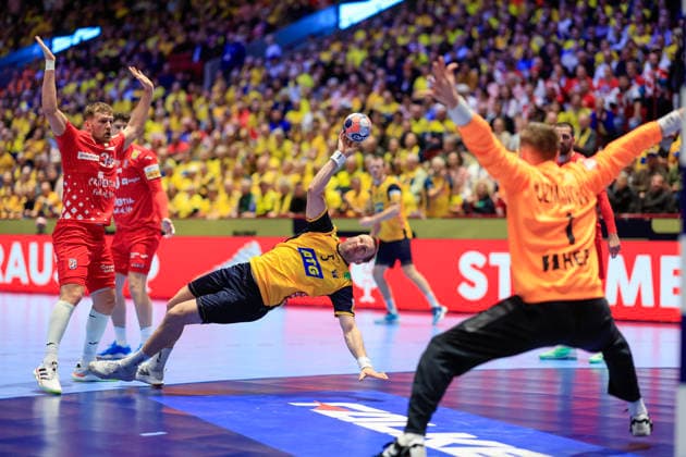 Sweden s Max Darj scores during the handball match of the European Handball Championship Group E between Sweden and Croatia at Malmö Arena, Malmö, Sweden, January 21, 2026. MALMÖ SWEDEN x10600x