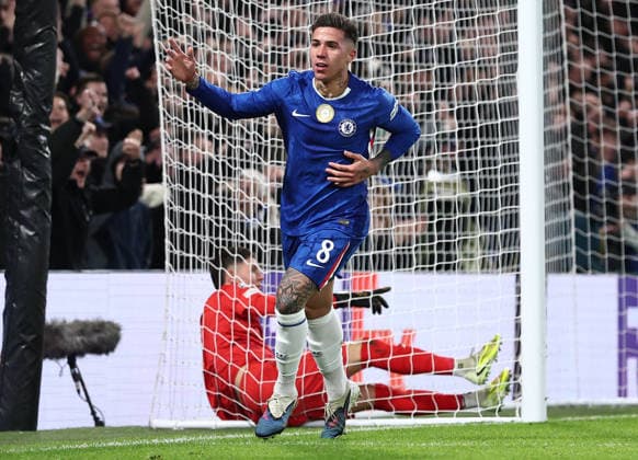 London, England, 21st January 2026. Enzo Fernandez of Chelsea celebrates after scoring only to have the goal disallowed during the Chelsea vs Pafos FC UEFA Champions League match at Stamford Bridge, London. Picture credit should read: David Klein Sportimage EDITORIAL USE ONLY. No use with unauthorised audio, video, data, fixture lists, club league logos or live services. Online in-match use limited to 120 images, no video emulation. No use in betting, games or single club league player publications. SPI_019_DK_CHELSEA_PAFOS SPI-4466-0019